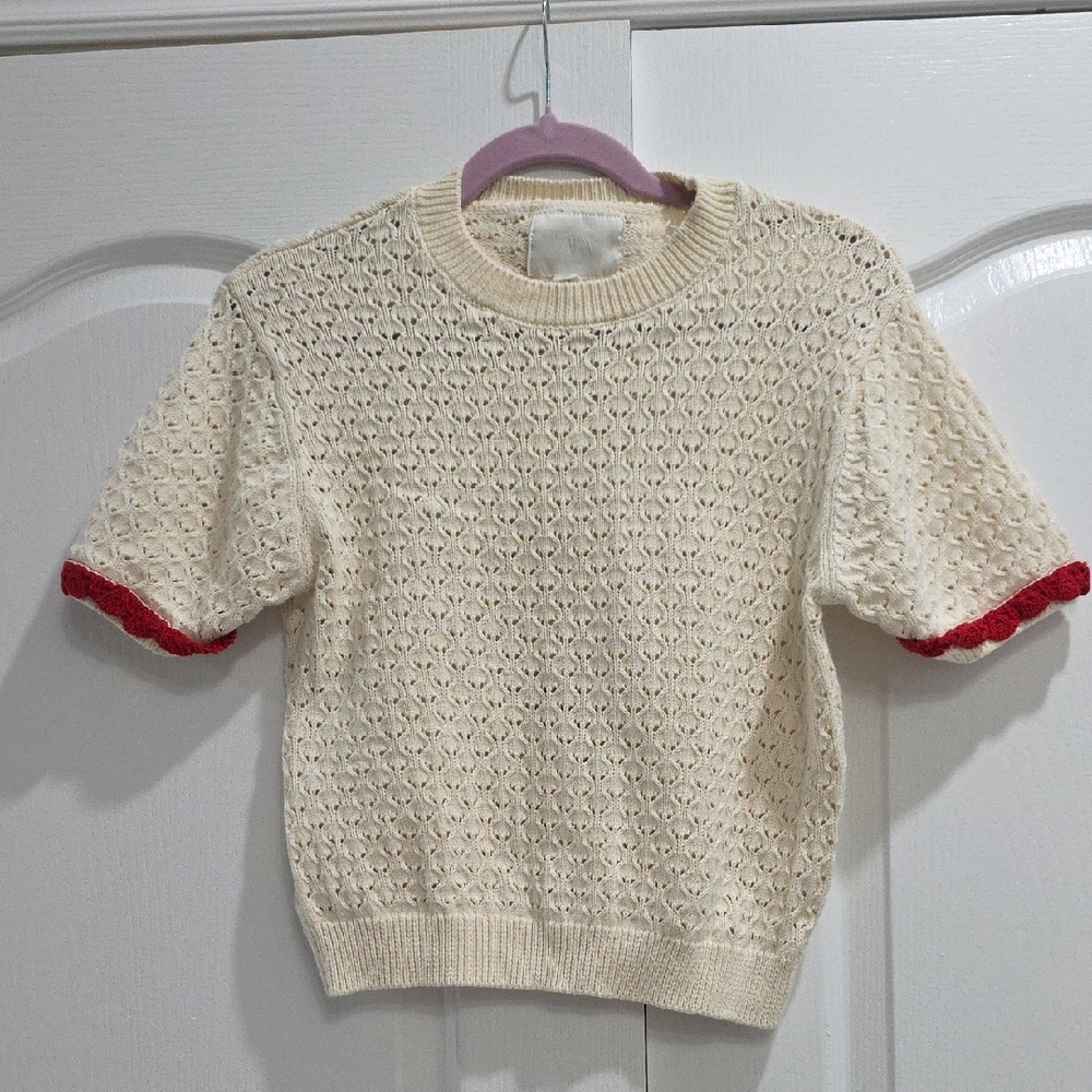 Zara Kids Cream Knit Sweater with Red Trim